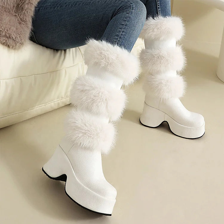 Colorblock Fluffy Trim Round Toe Chunky Heel Platform Mid Calf Boots