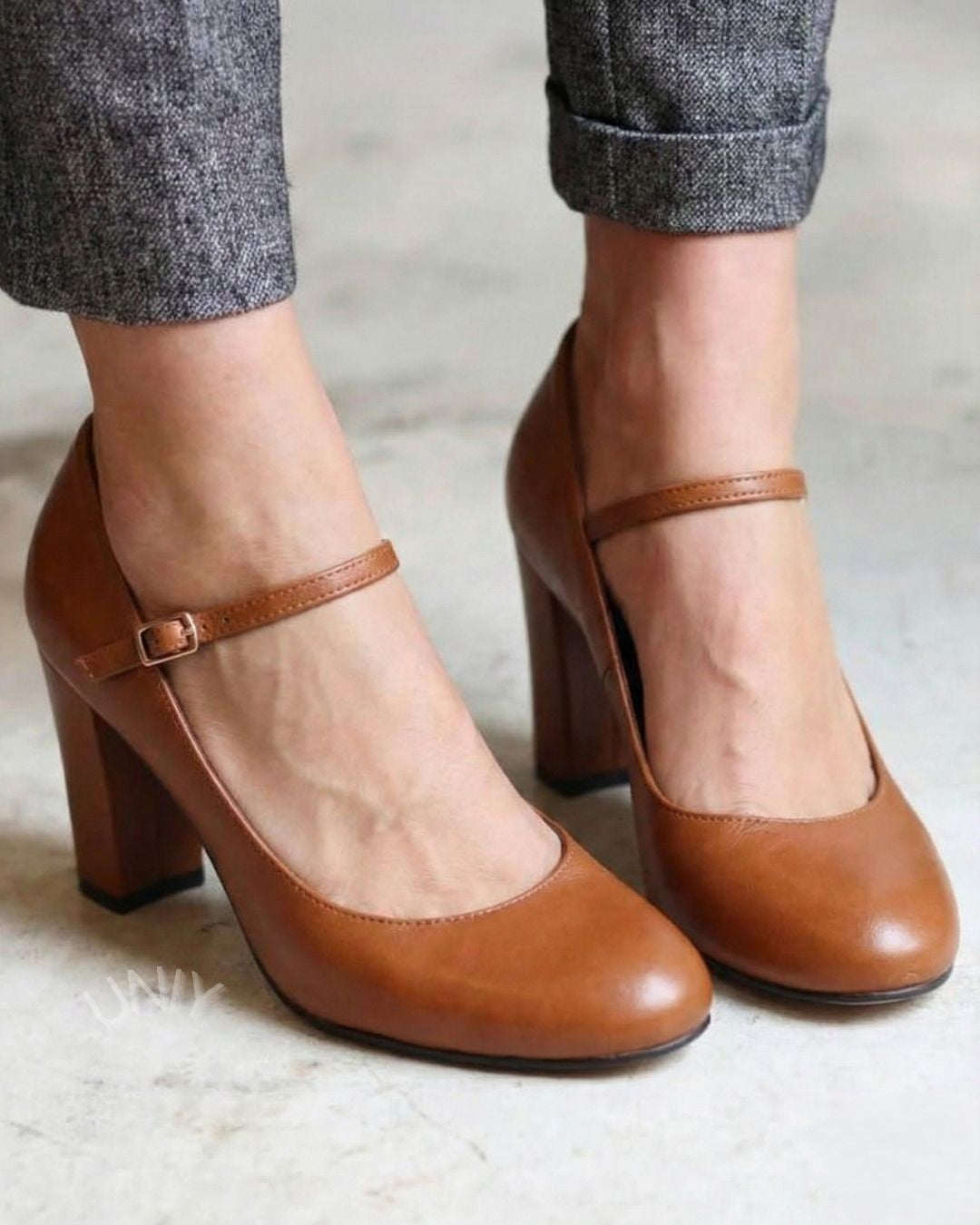 Brown Ankle Strap Round Toe Block Heel Pumps