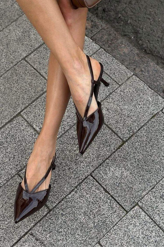 Dark Brown Patent Leather Pointed Toe Slingback Kitten Heels [Pre Order]