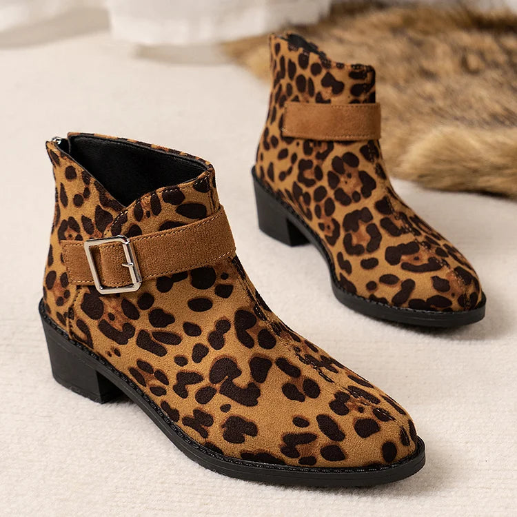 Stiefeletten mit Patchwork-Riemenschnallendekor und Reißverschluss mit Leopardenmuster