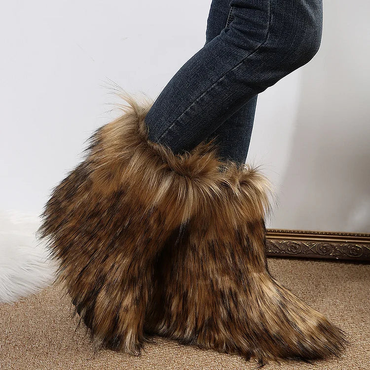 Multicolor Faux Fur Round Toe Low Platform Pull On Snow Boots