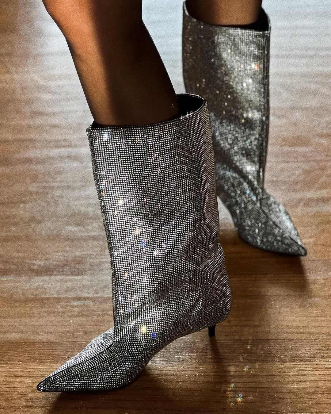 Sparkly Silver Rhinestone Mid-Calf Boots [Pre Order]