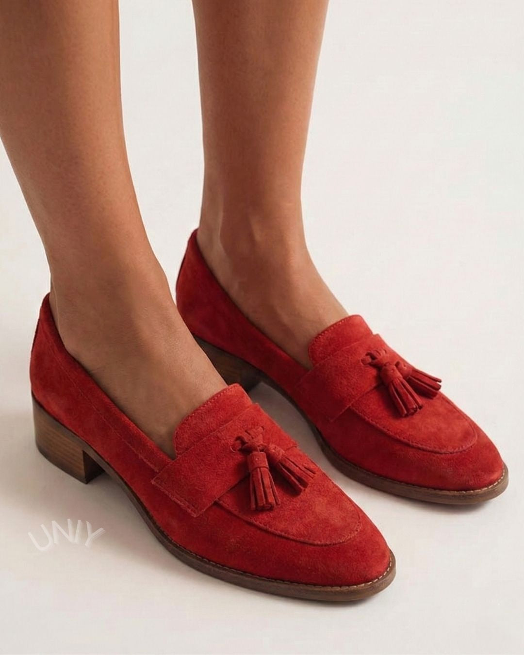 Vintage Red Faux Suede Tassel Elegant Block Heel Loafers [Pre Order]