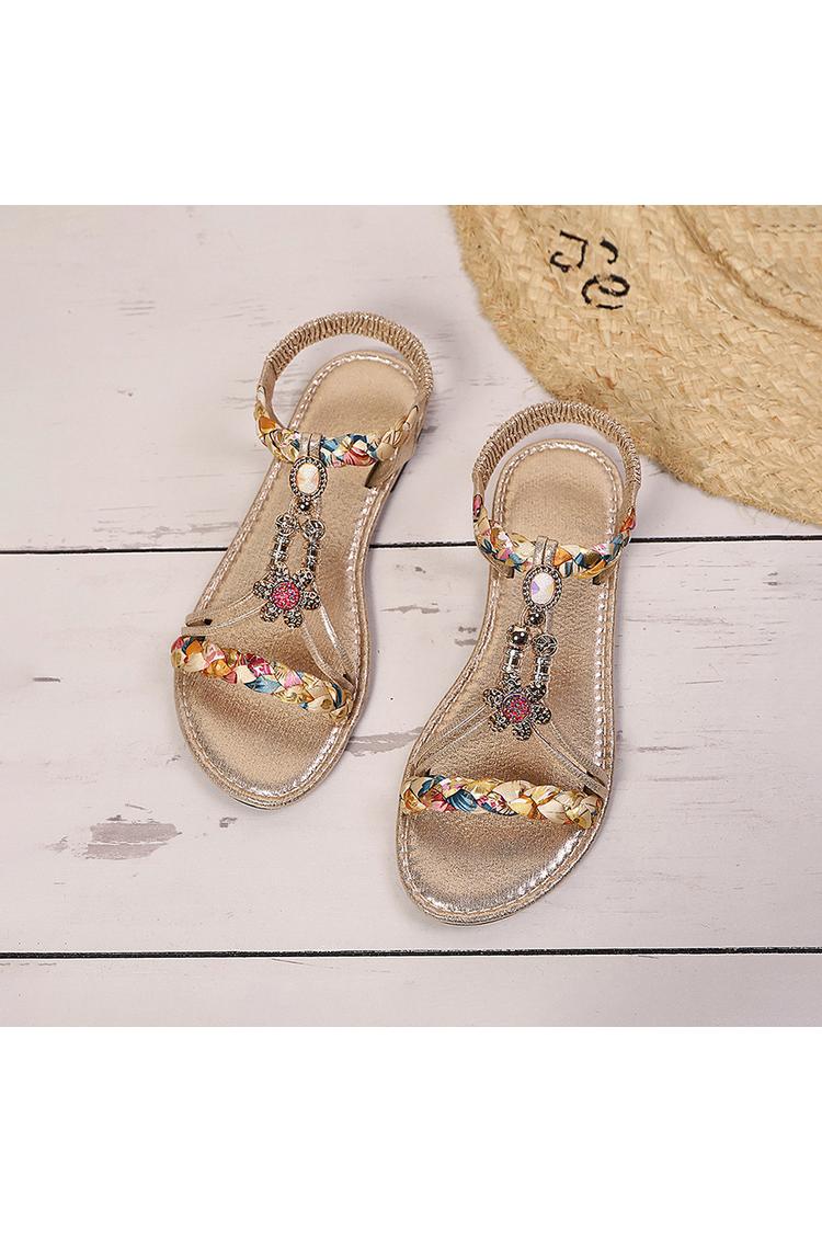 Multicolor Braided Strap Flower Decor Boho Style Round Toe Sandals