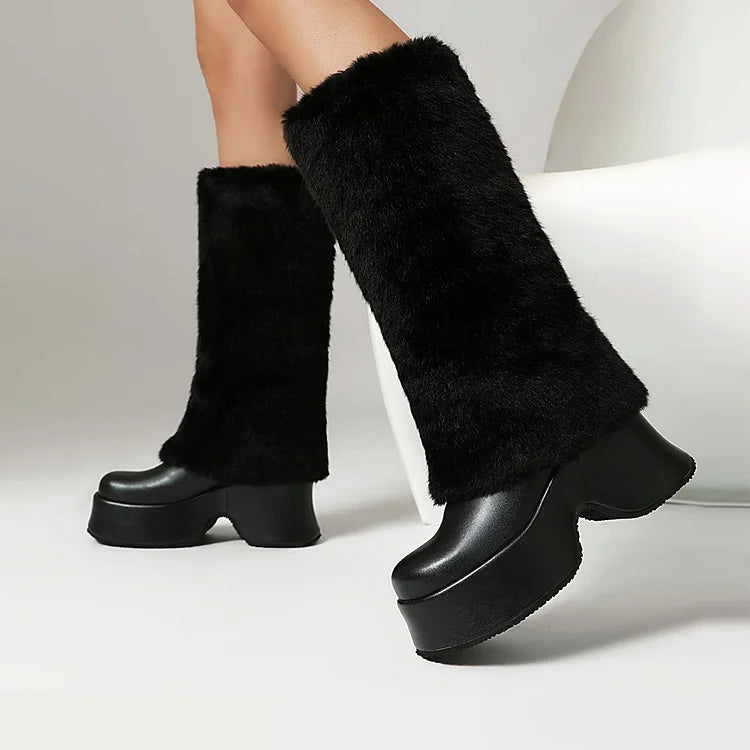 Faux Fur Trim Round Toe Chunky Heel Platform Long Boots