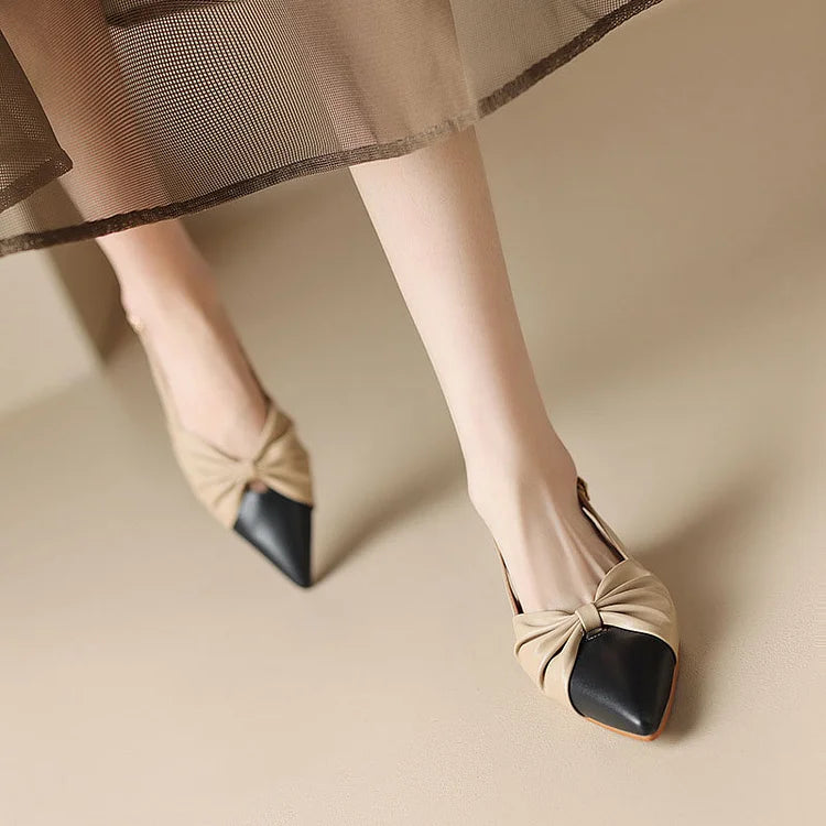 Bow Metallic Sheen Stitching Slingback Pointy Toe Flats