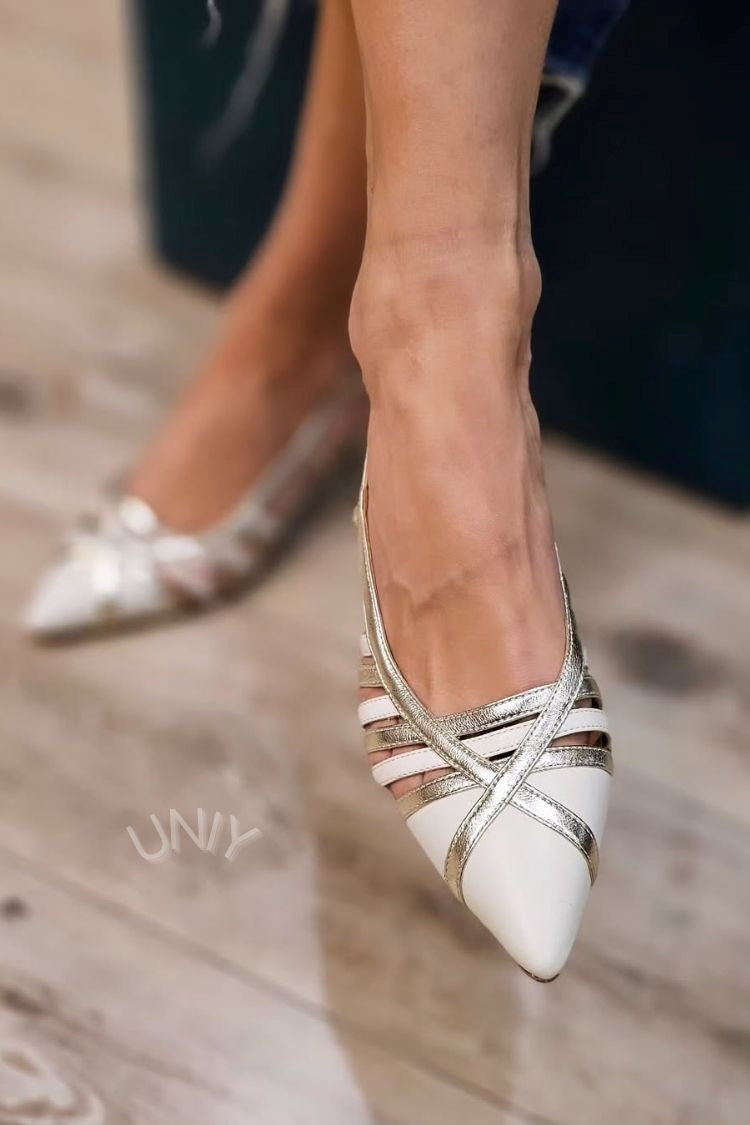 Beige Metallic Strap Pointed Toe Kitten Heel Pumps [Pre Order]