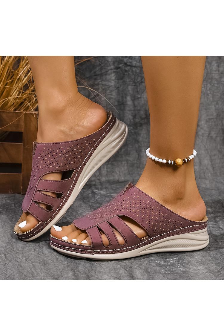 Pantofole casual con zeppa, punta rotonda, in tinta unita, con patchwork traforato 