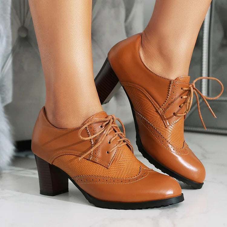 Metallic Sheen Patchwork Round Toe Lace Up Chunky Heels