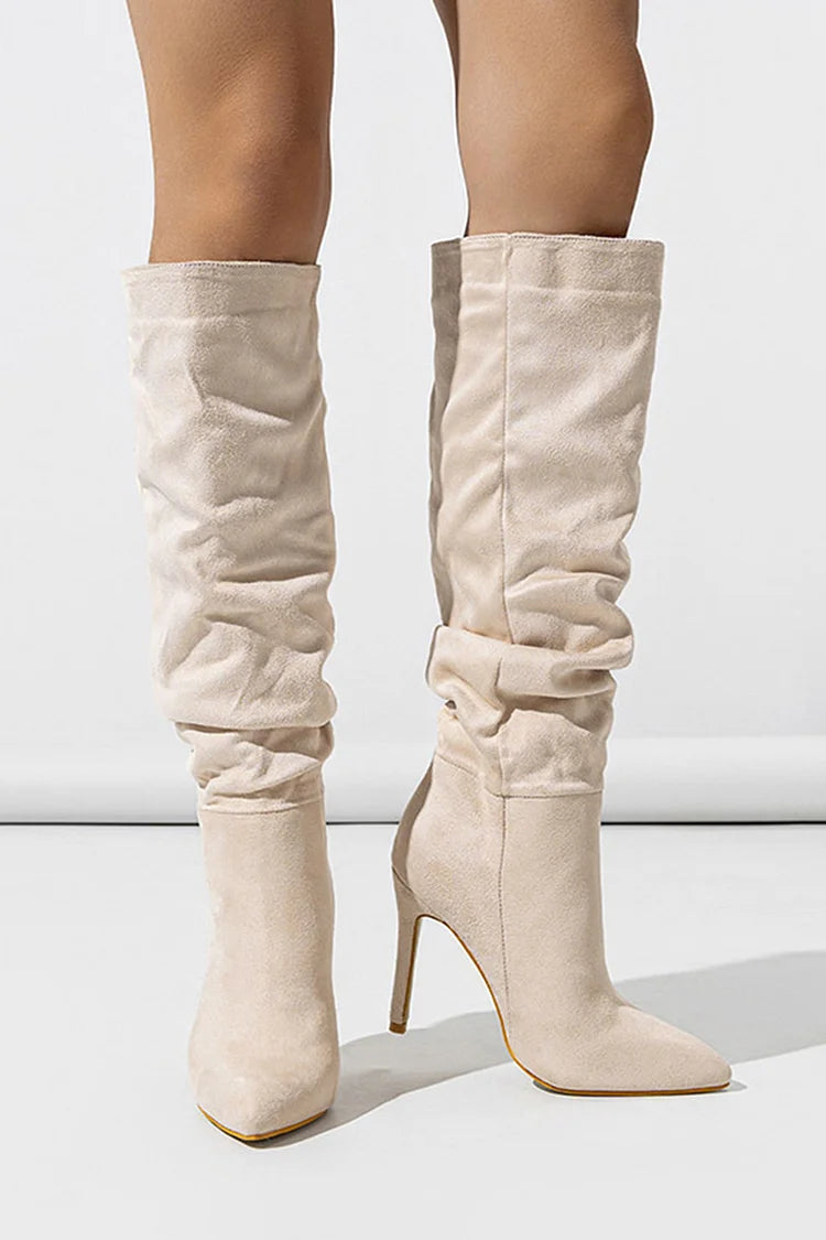 Solid Color Pointed Toe Stiletto Heel Pull On Slouch Knee High Boots