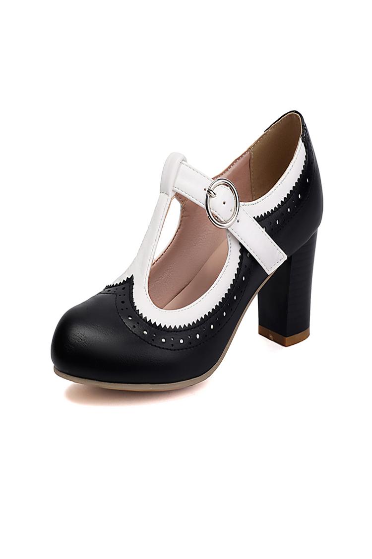 Colorblock T-Strap Buckle Round Toe Elegant Chunky Heels