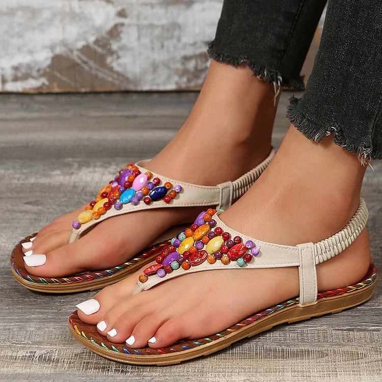 Colorido Gem Beads Seam Detalhe Elástico Flip Flops Sandálias Retro