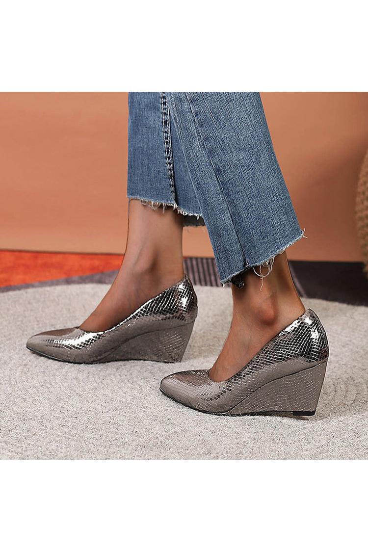 Scarpe con tacco a zeppa casual a punta con stampa serpente in tinta unita