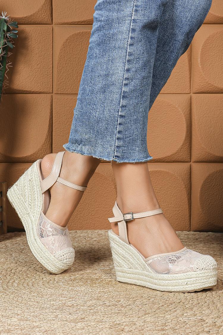 Sandali con zeppa casual con punta tonda, cinturino alla caviglia, fibbia e patchwork in pizzo 