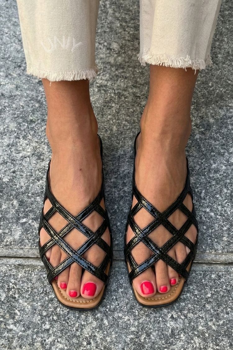 Black Patent Leather Crisscross Lattice Peep Toe Sandals [Pre Order]