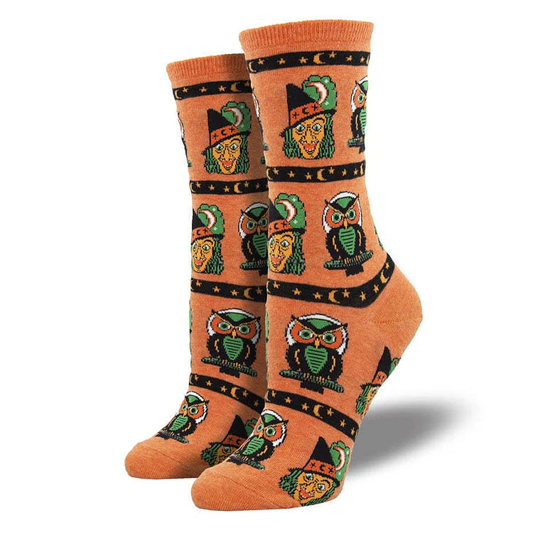 Calcetines de media pantorrilla con estampado de esqueleto, búho, calabaza, hoja de arce y bruja para Halloween 