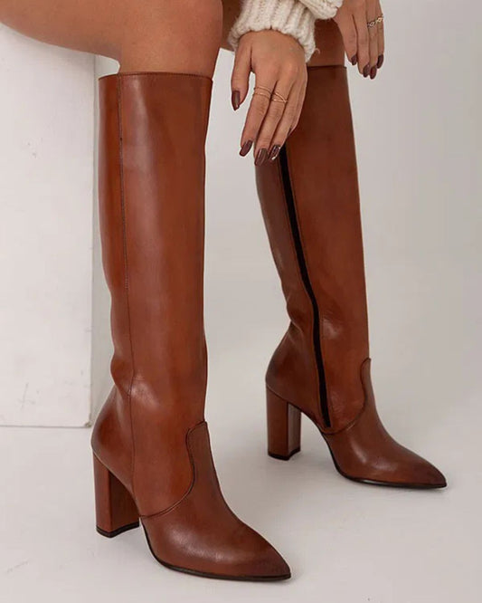 Classic Brown Pointed Toe Block Heel Knee High Boots [Pre Order]
