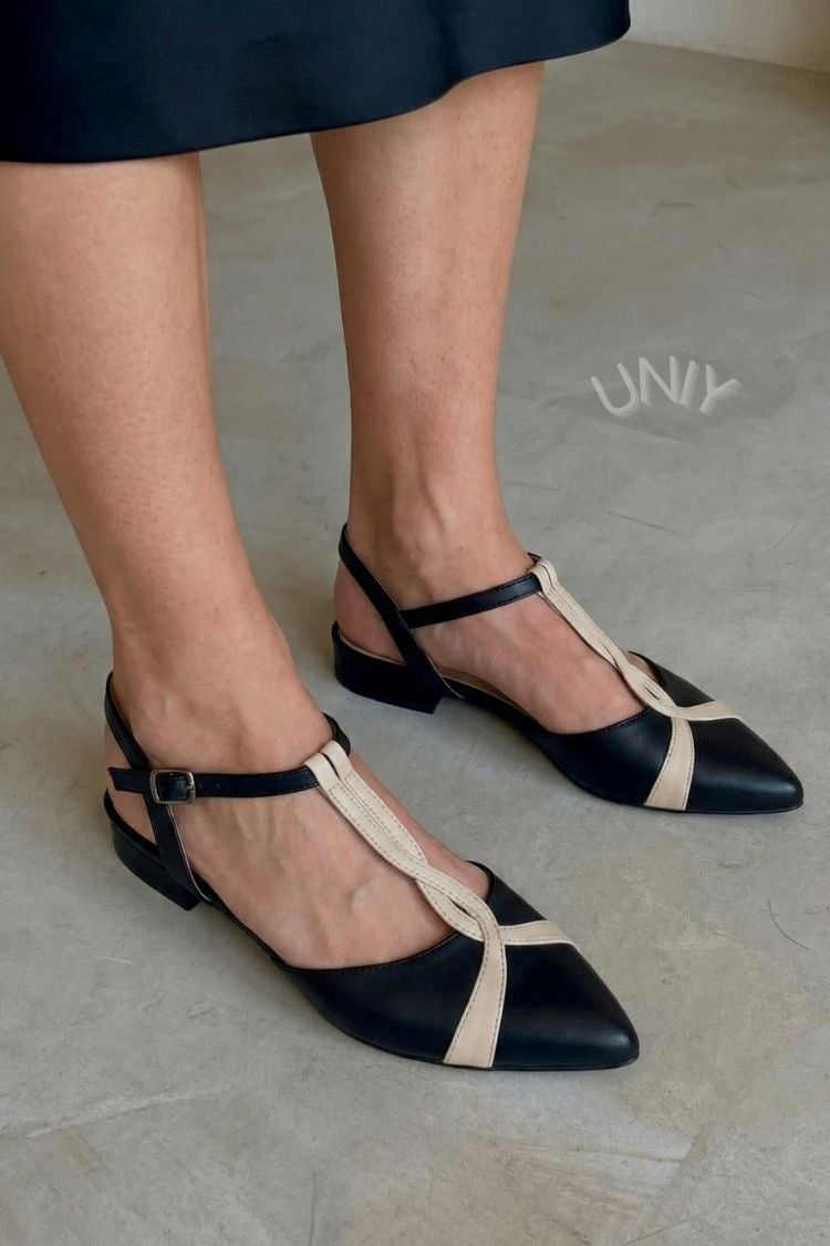 Vintage Black Cream T-Strap Pointed Toe Mary Jane Flats [Pre Order]
