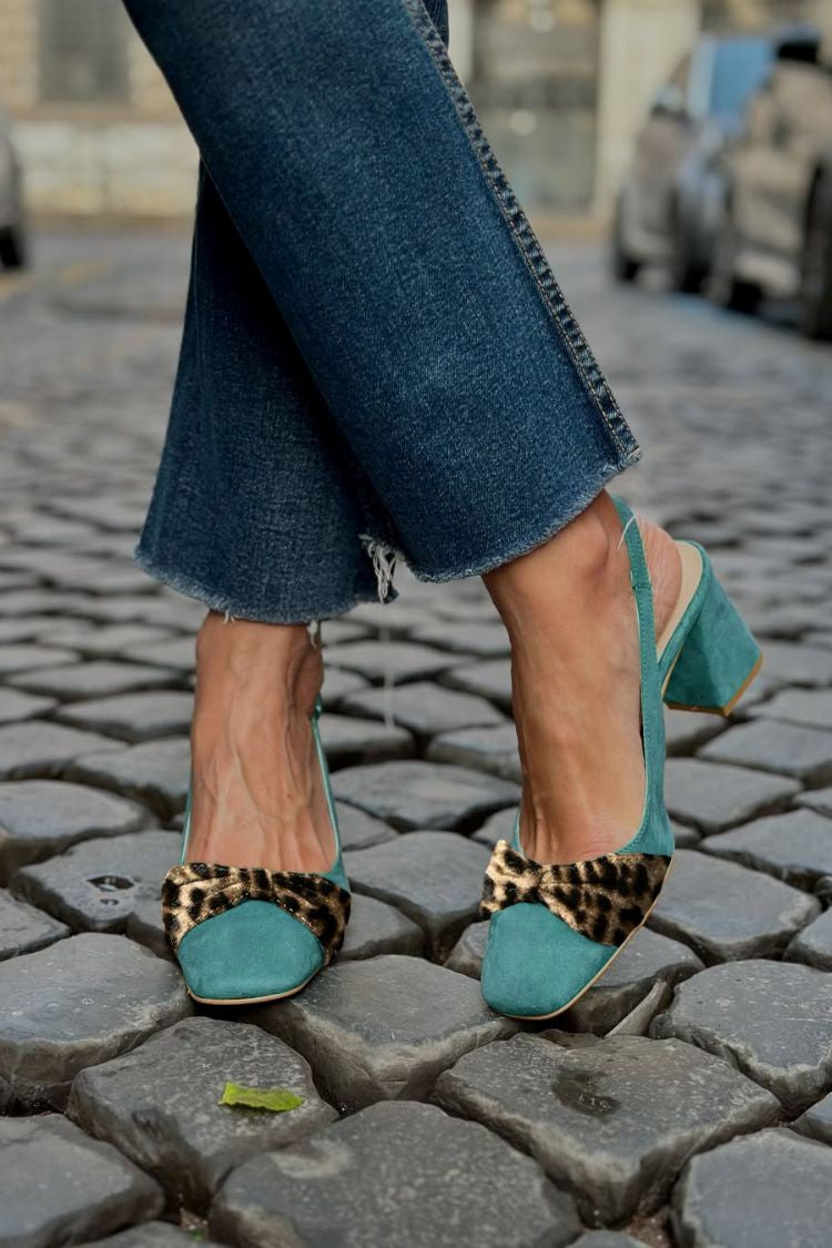 Leopardmuster Schleife Patchwork Quadratische Spitze Slingback Blockabsatz [Vorbestellung]