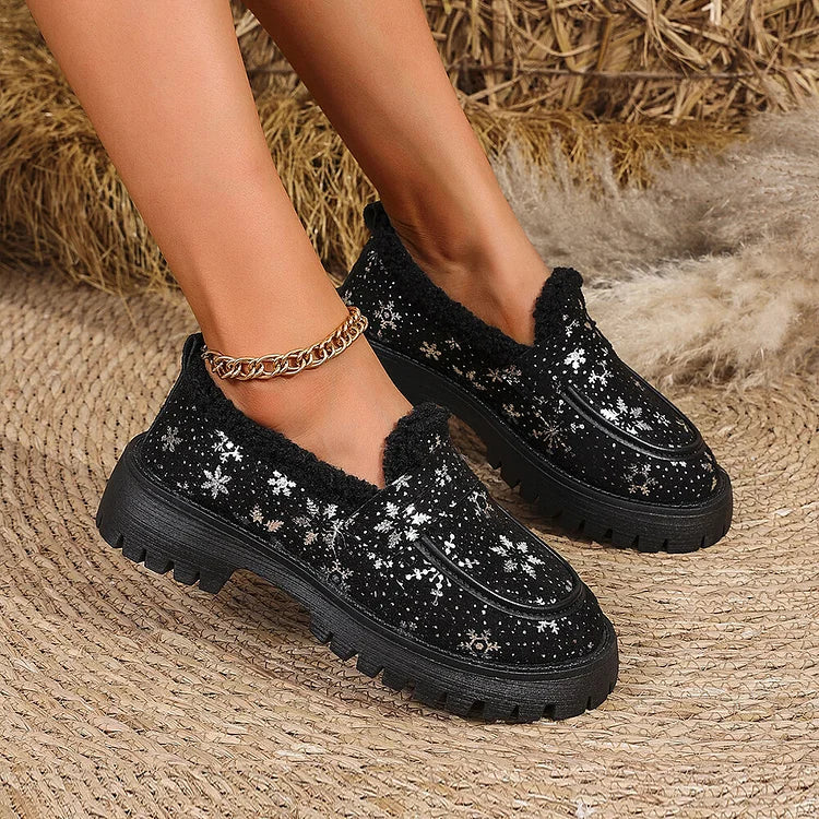 Christmas Snowflake Print Faux Fur Lined Round Toe Low Block Heel Loafers