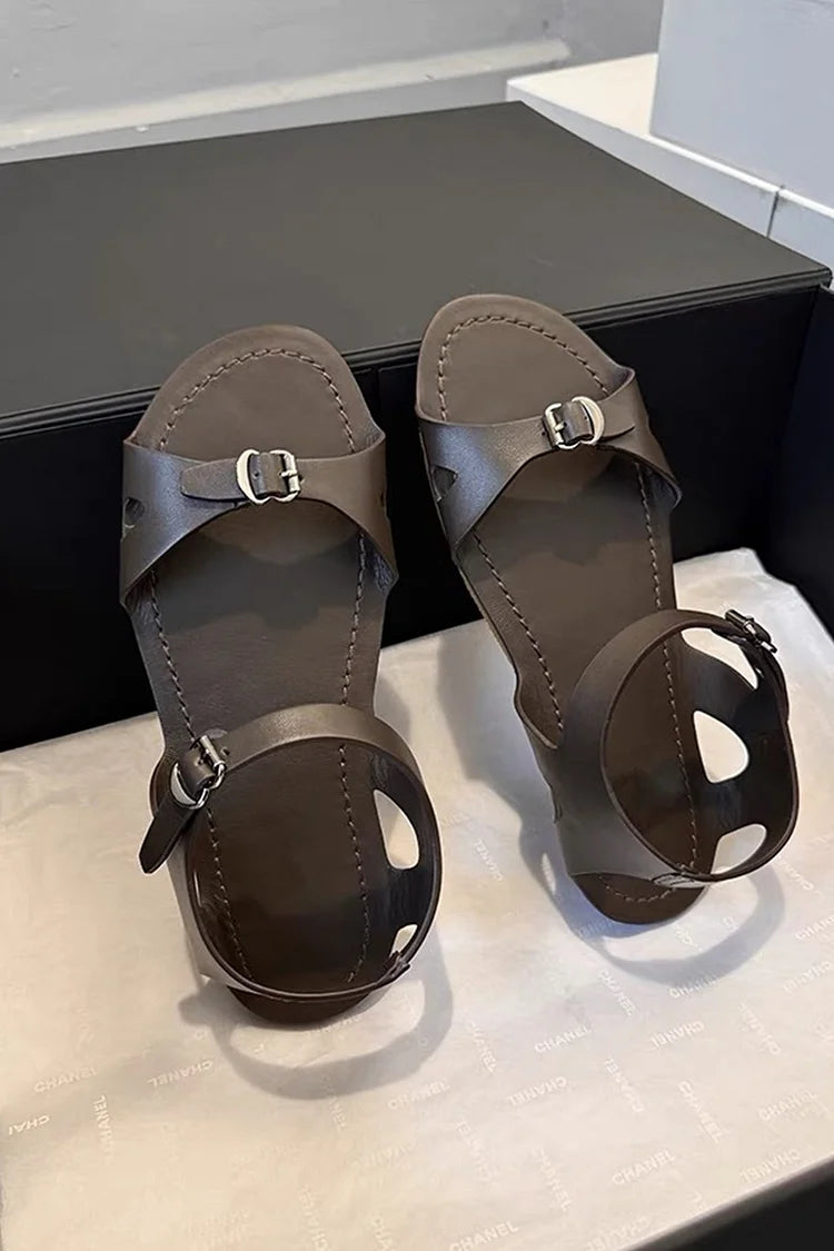 Solid Color Strap Buckle Cutout Round Toe Leather Sandals