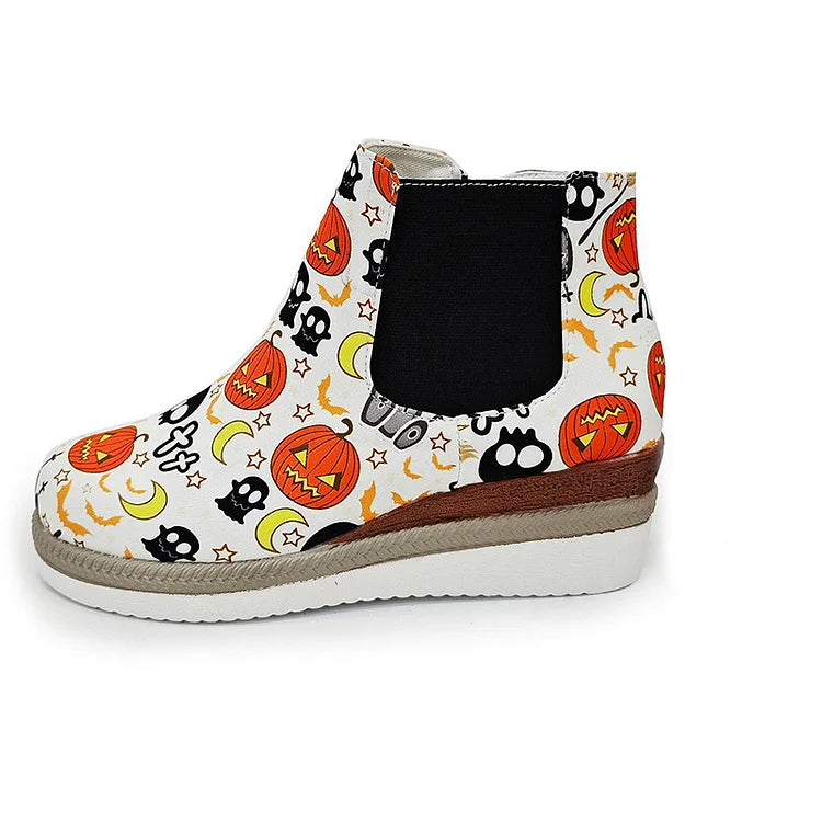 Halloween-Rosen-Stiefeletten mit Totenkopf-Print, runder Zehenpartie und Keilabsatz