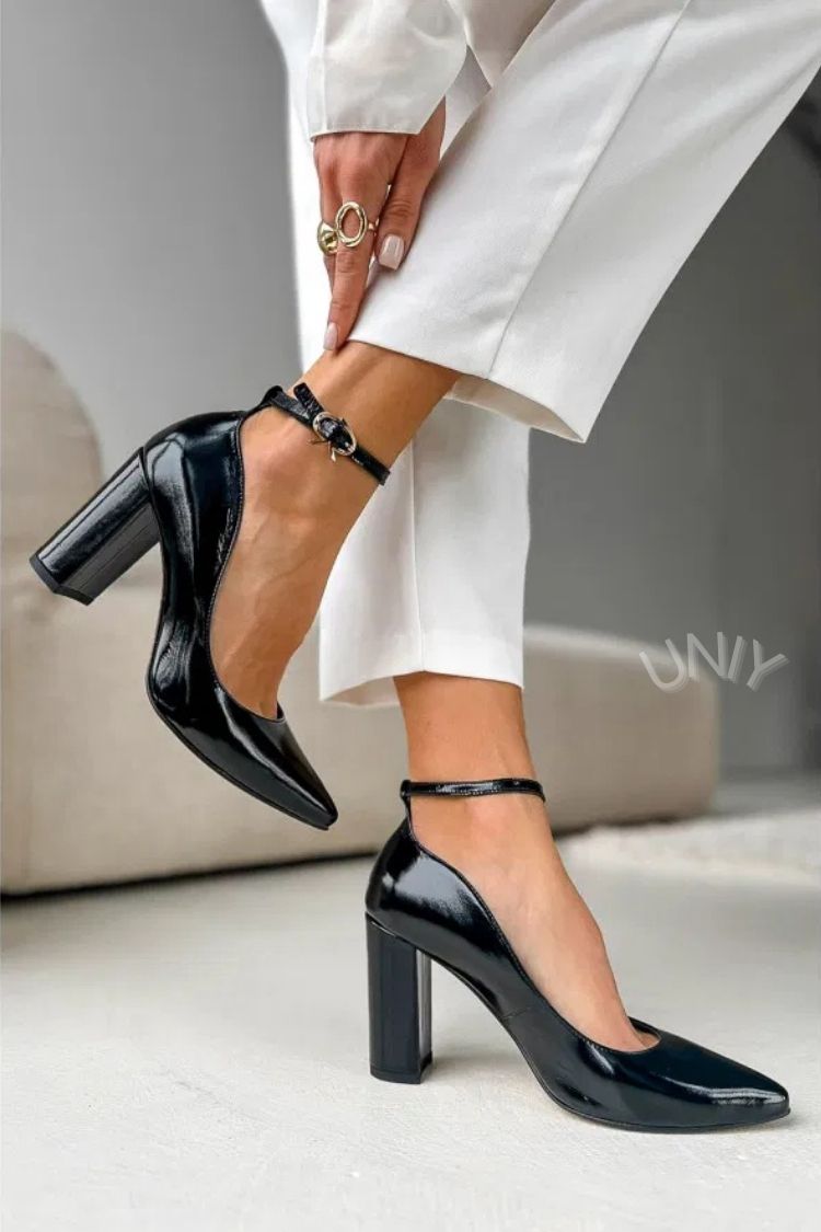 Chic Solid Color Patent Leather Ankle Strap Block Heel Pumps [Pre Order]