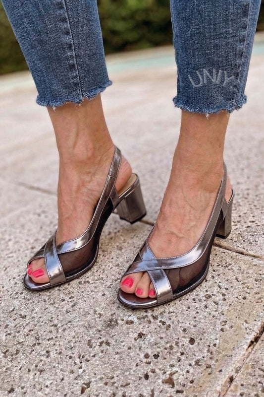 Chic Gunmetal Metallic Mesh Crossed Peep Toe Block Heel Sandals [Pre Order]