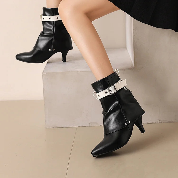 Colorblock Strap Buckle Fold Over Pointed Toe Kitten Heel Ankle Boots