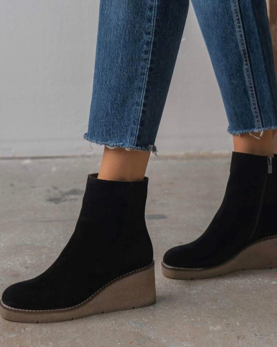 Vintage Keilabsatz Wildleder Seitenreißverschluss Plateau Einfarbige Knöchelstiefel [Vorbestellung]