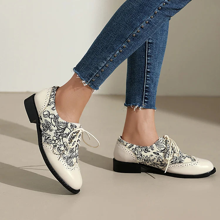 Floral Pattern Canvas Patchwork Lace Up Round Toe Casual Oxfords