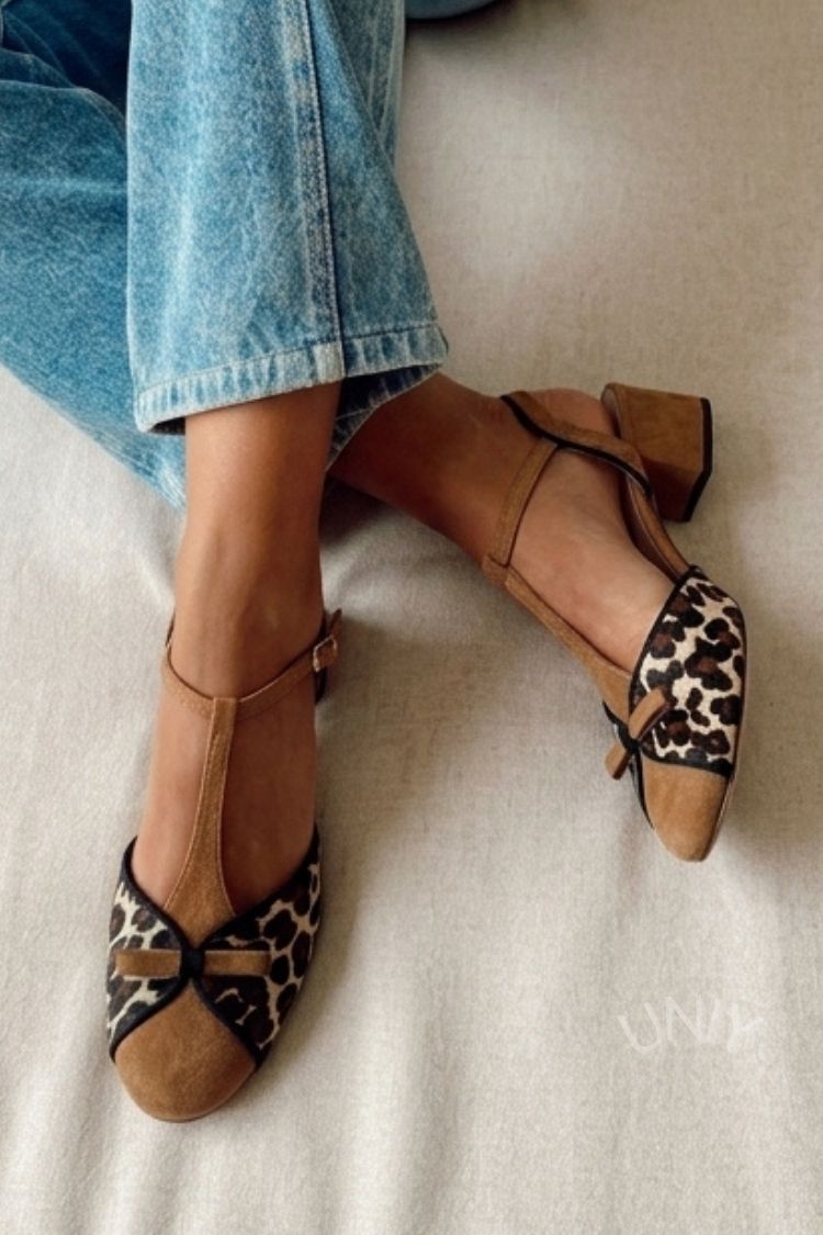 Retro Leopard Print Suede T-Strap Bow Block Heels [Pre Order]