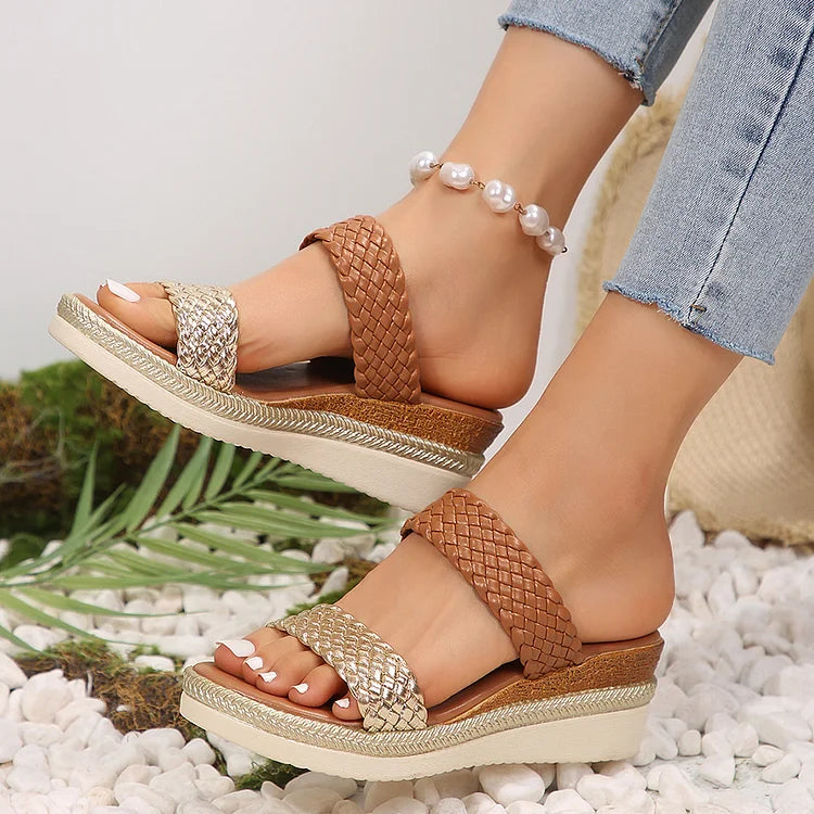 Colorblock Woven Instep Strap Open Toe Casual Wedge Slippers