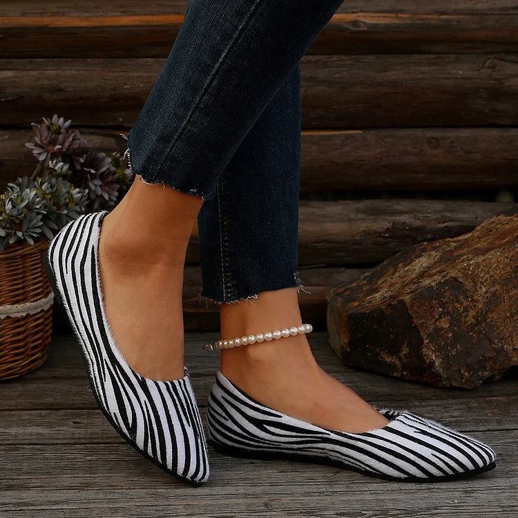 Colorblock Fuzzy Zebra Pattern Pointed Toe Slip On Flats