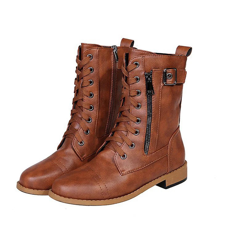 Patchwork Strap Buckle Round Toe Zipper Lace Up Mid Boots