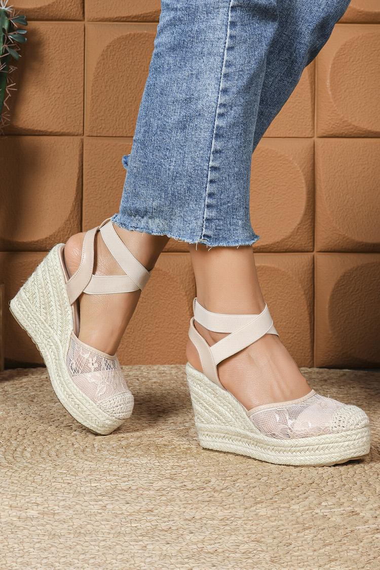 Sandali casual con zeppa, punta rotonda, cinturino incrociato e patchwork in pizzo 