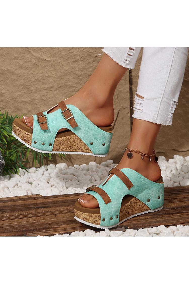 Pantofole casual con zeppa, punta rotonda, due cinturini e fibbie colorblock 