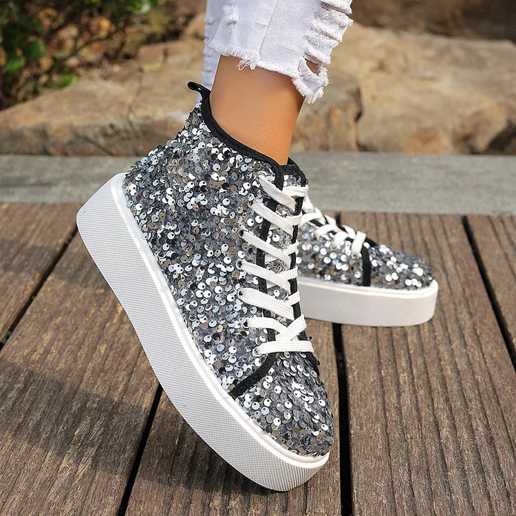 Glitter Sequins Lace Up Round Toe Fashion Casual Shoes