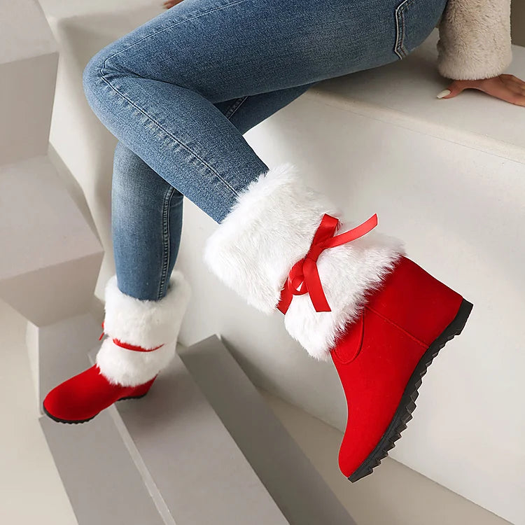 Christmas Fluffy Tied Up Bow Round Toe Wedge Heel Mid Boots