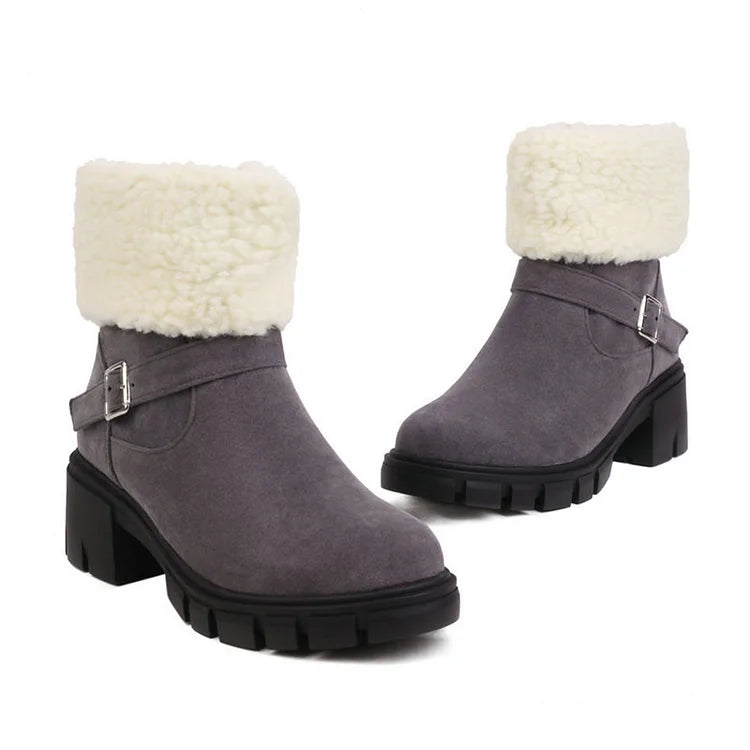 Round Toe Strap Buckle Decor Fluffy Trim Chunky Heel Snow Boots