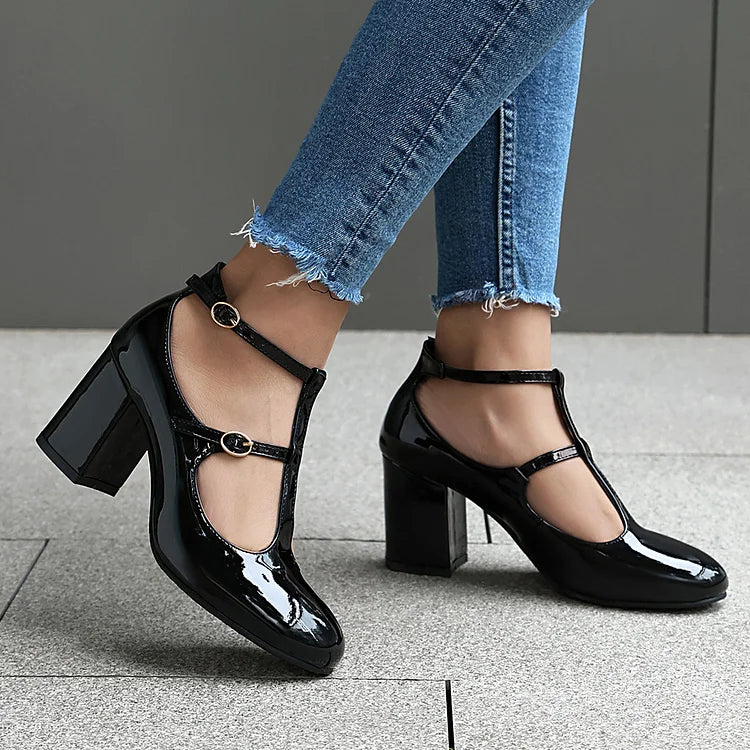 Solid Color Cross Strap Buckle Round Toe Chunky Heels