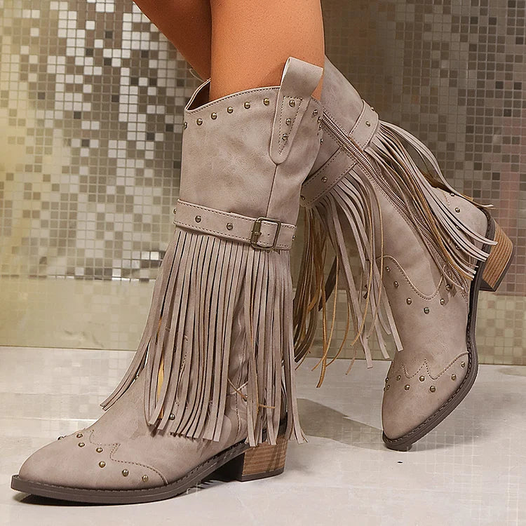 Metal Rivets Fringed Trim Pointed Toe Chunky Heel Mid Calf Boots