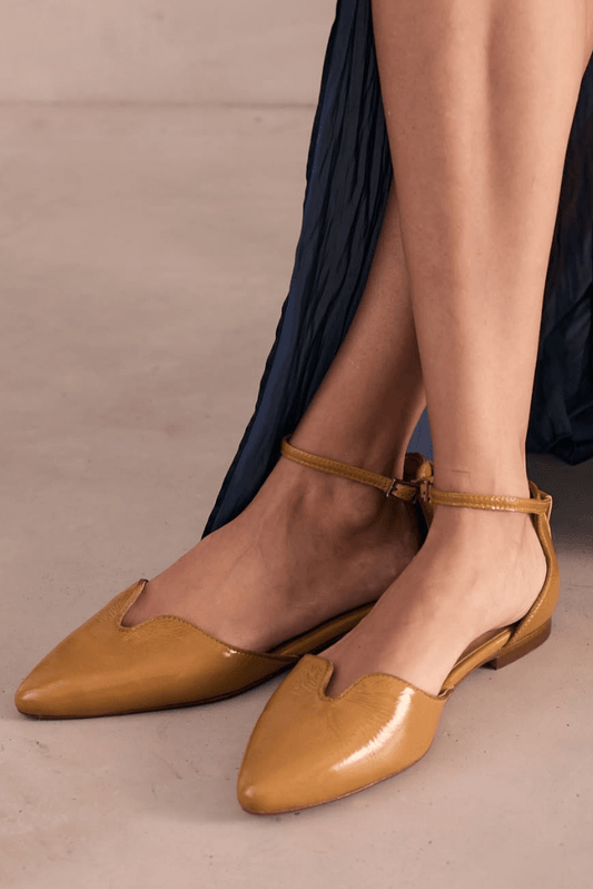 Glossy Faux Leather Split Vamp Pointed Toe Ankle Strap Flats [Pre Order]