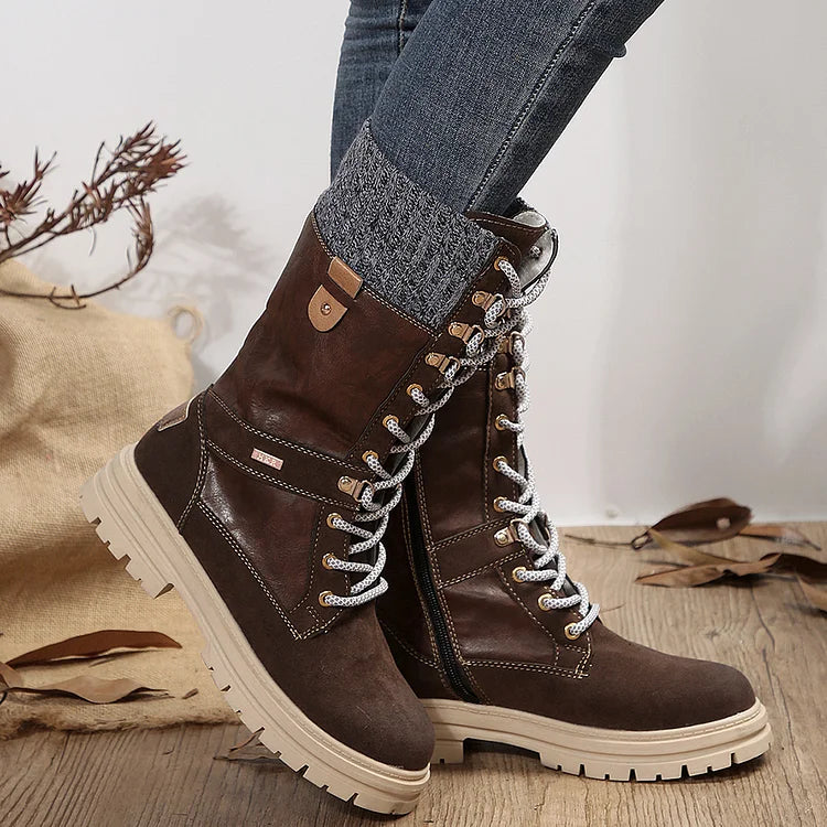 Patchwork Round Toe Low Block Heel Lace Up Mid Calf Boots