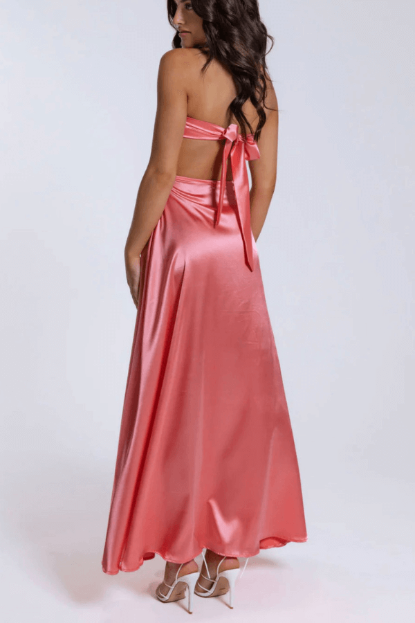 Off Shoulder Back Tie-up Light Weight Satin Maxi Dress