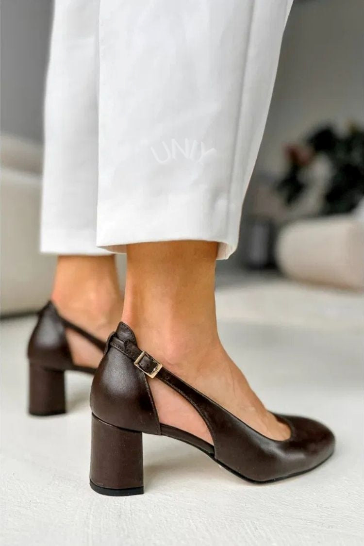 Solid Color Round Toe Ankle Strap Block Heel Pumps [Pre Order]