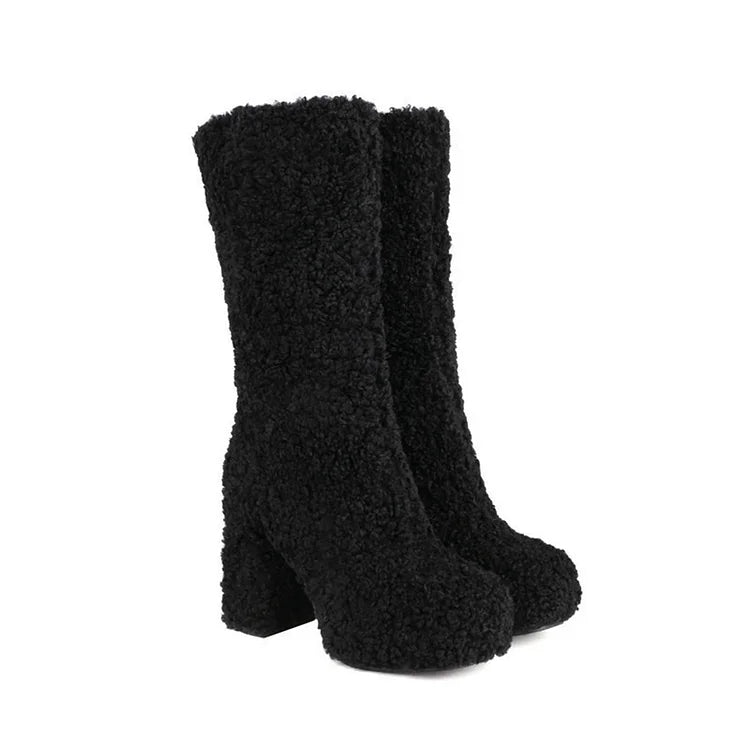 Solid Color Faux Fur Round Toe Chunky Heel Platform Mid Calf Boots