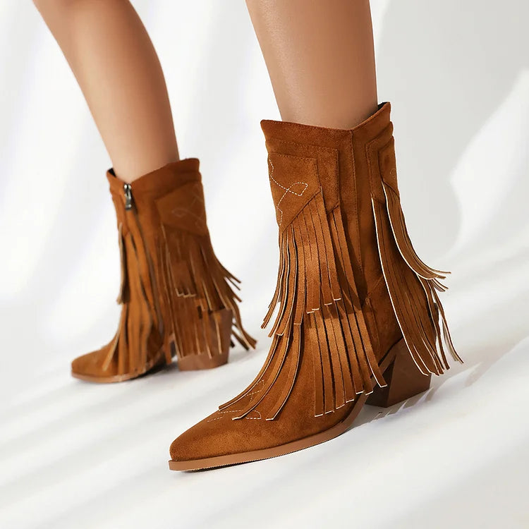 Multicolor Fringed Trim Zipper Pointed Toe Chunky Heel Western Boots