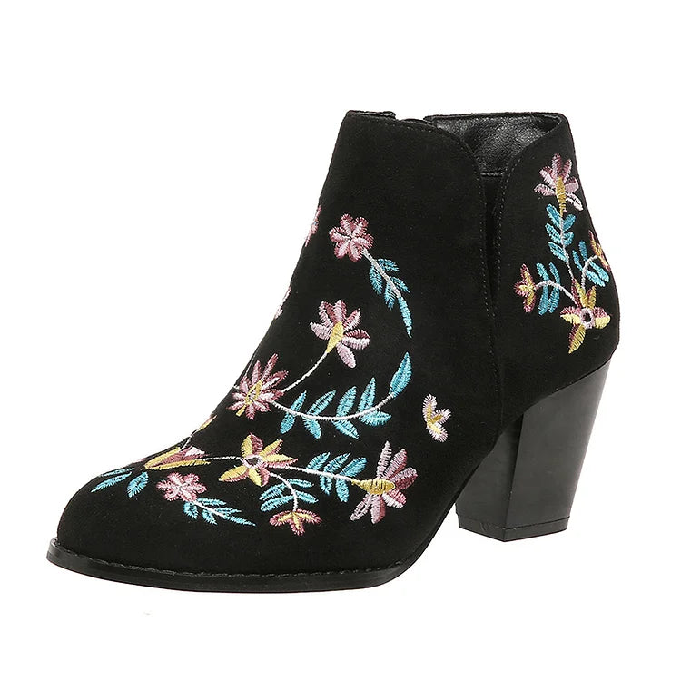 Floral Leaf Embroidery Round Toe Zipper Chunky Heel Ankle Boots