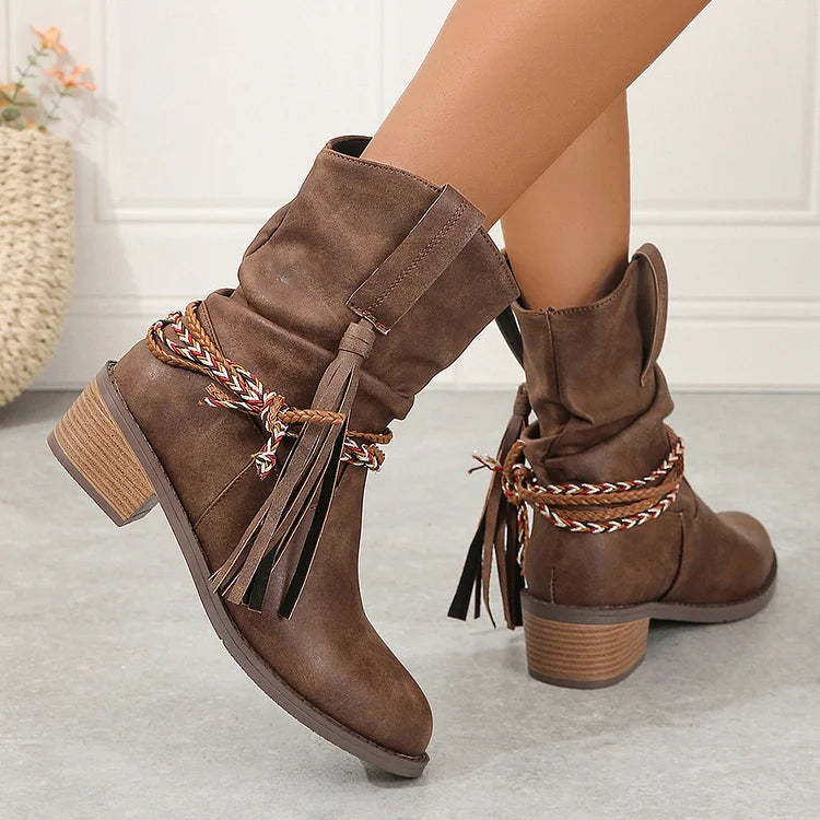 Braided Rope Tassel Decor Slouch Pointed Toe Chunky Heel Ankle Boots